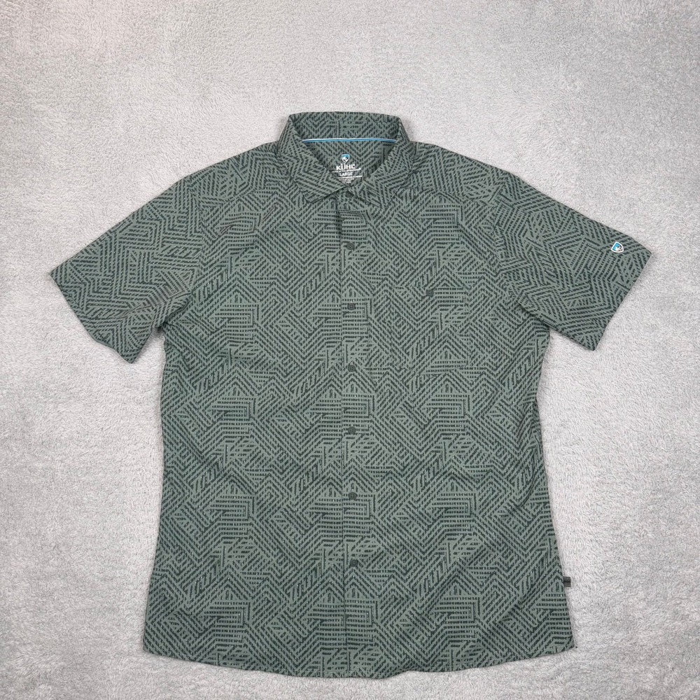 Kuhl Mens Large Short Sleeve Button Down Shirt Olive Green Geometric Maze Print